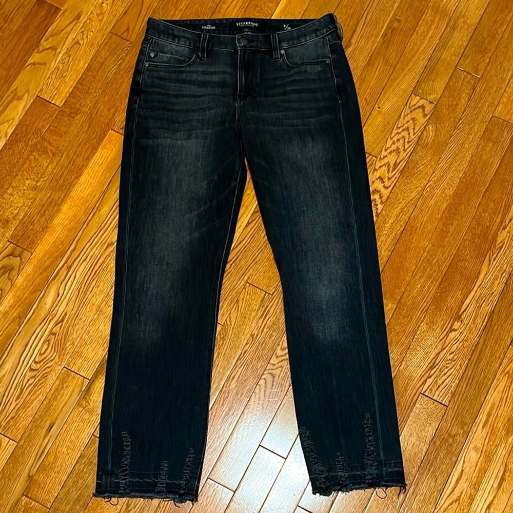 Liverpool LA Black Sadie Straight Jeans Destructed Let Down Hem Sz 8/29